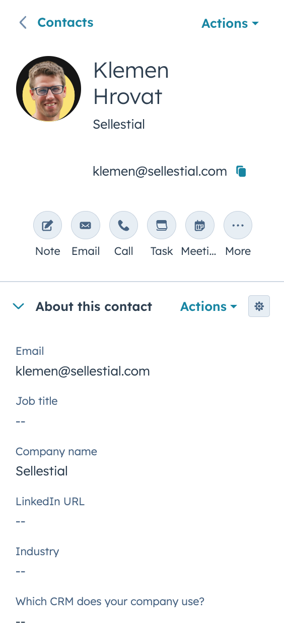 HubSpot contact profile before enrichment - showing empty fields